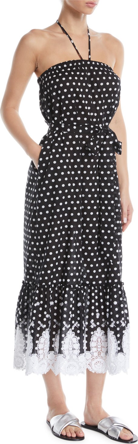 Miguelina Emery Strapless Polka-Dot Midi Dress w/ Lace Hem