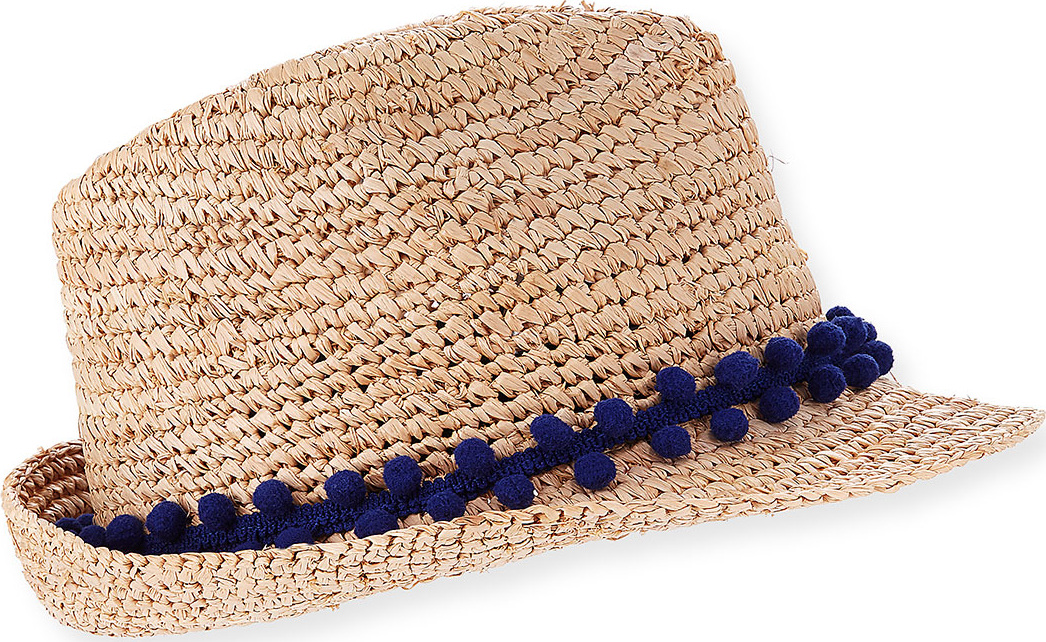 Tracy Watts Hitch Crochet Raffia Fedora Hat w/ Pompom Hat Band