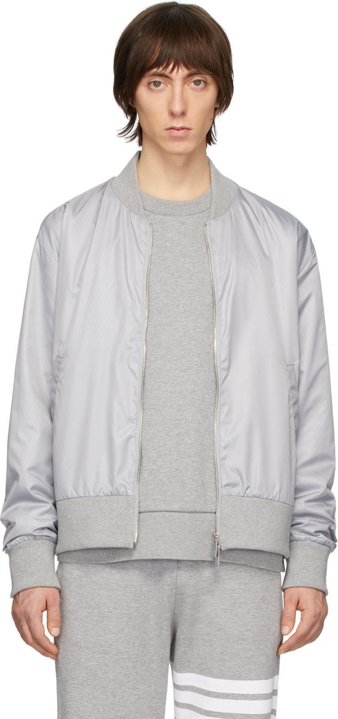 Thom Browne Grey Ripstop Center-Back Stripe Bomber Jacket