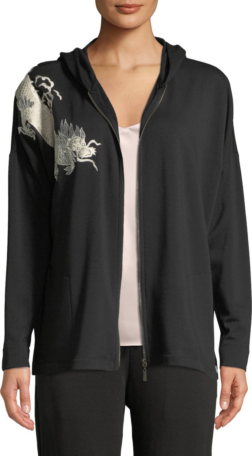 Natori Dragon-Embroidered Zip-Front Hoodie