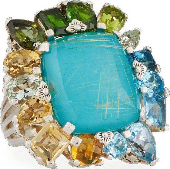 Stephen Dweck Gold Rutilated Quartz over Turquoise Doublet Ring, Size 7