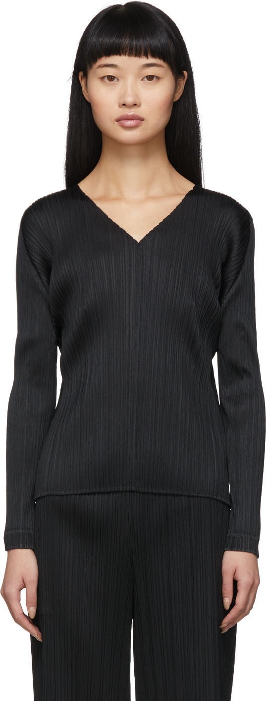 Pleats Please By Issey Miyake Black Pleats Basics V-Neck Pullover