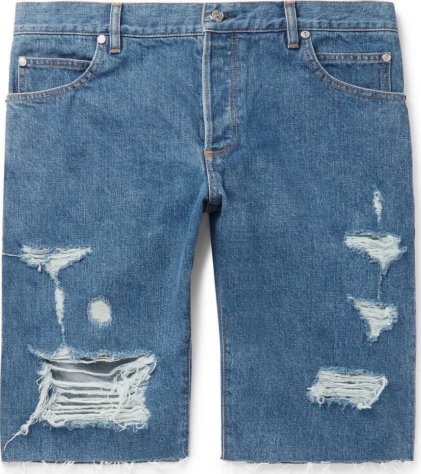 Balmain Slim-Fit Logo-Embroidered Distressed Denim Shorts