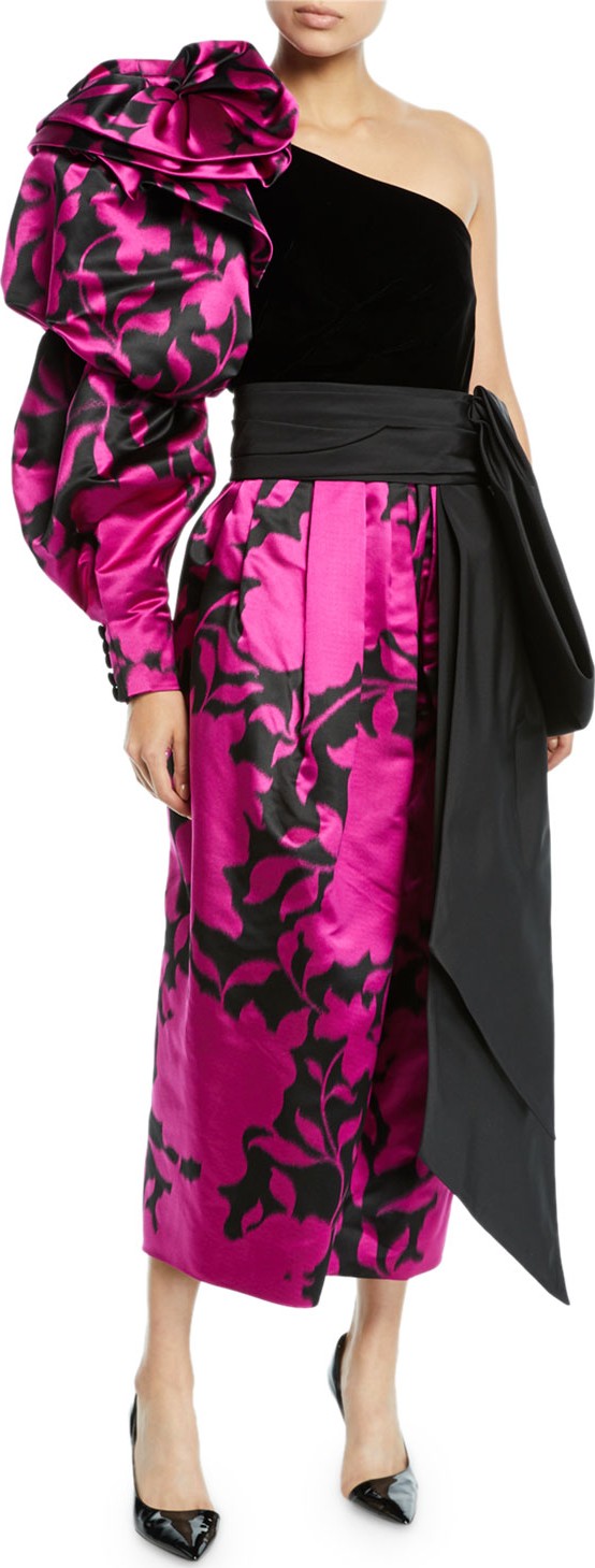 MARC JACOBS Shadow Flower Satin One-Shoulder Velvet-Bodice Gown