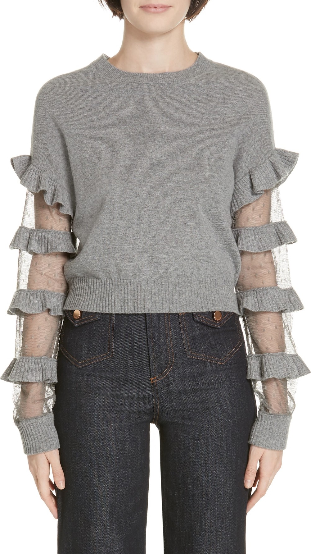 RED Valentino Ruffle Point d'Esprit Panel Wool Sweater