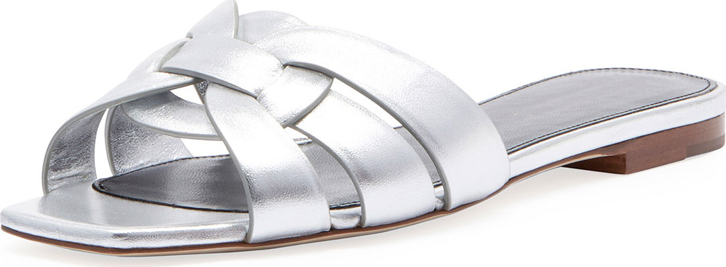 Saint Laurent Nu Pieds Flat Metallic Calf Leather Slide Sandal