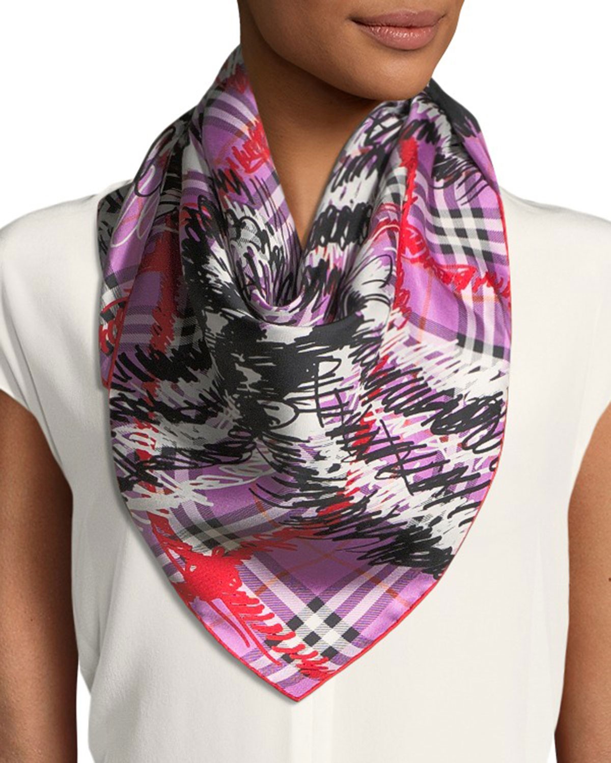 Burberry London England Silk Twill Scribble Vintage Check Scarf Burberry London England Silk Twill Scribble Vintage Check Scarf