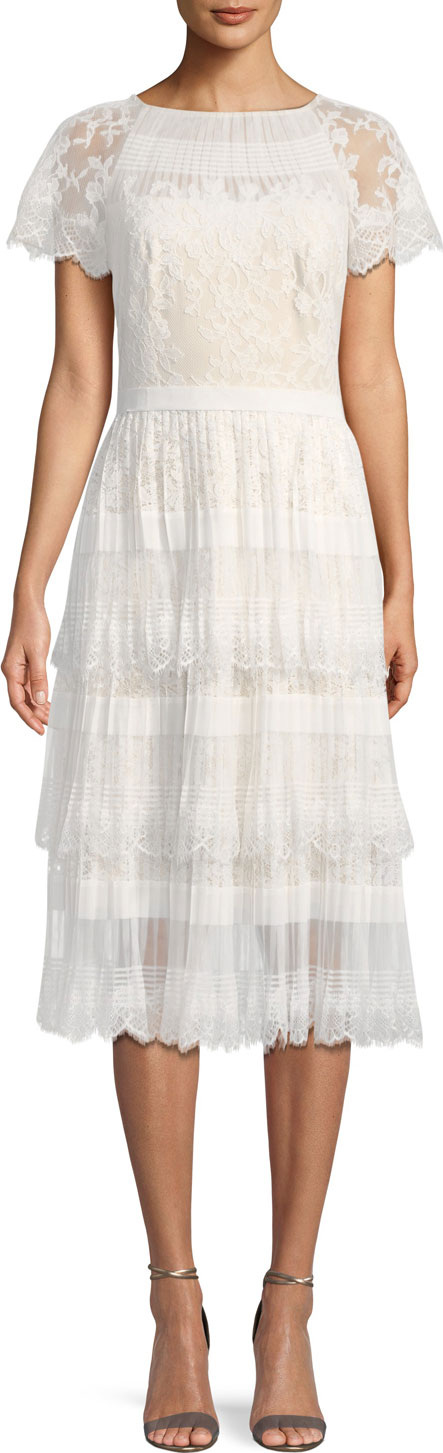 Tadashi Shoji Pleated Lace Tiered Dress