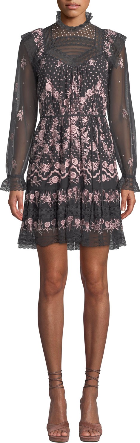 Needle & Thread Eclipse High-Neck Embroidered Tulle Mini Dress
