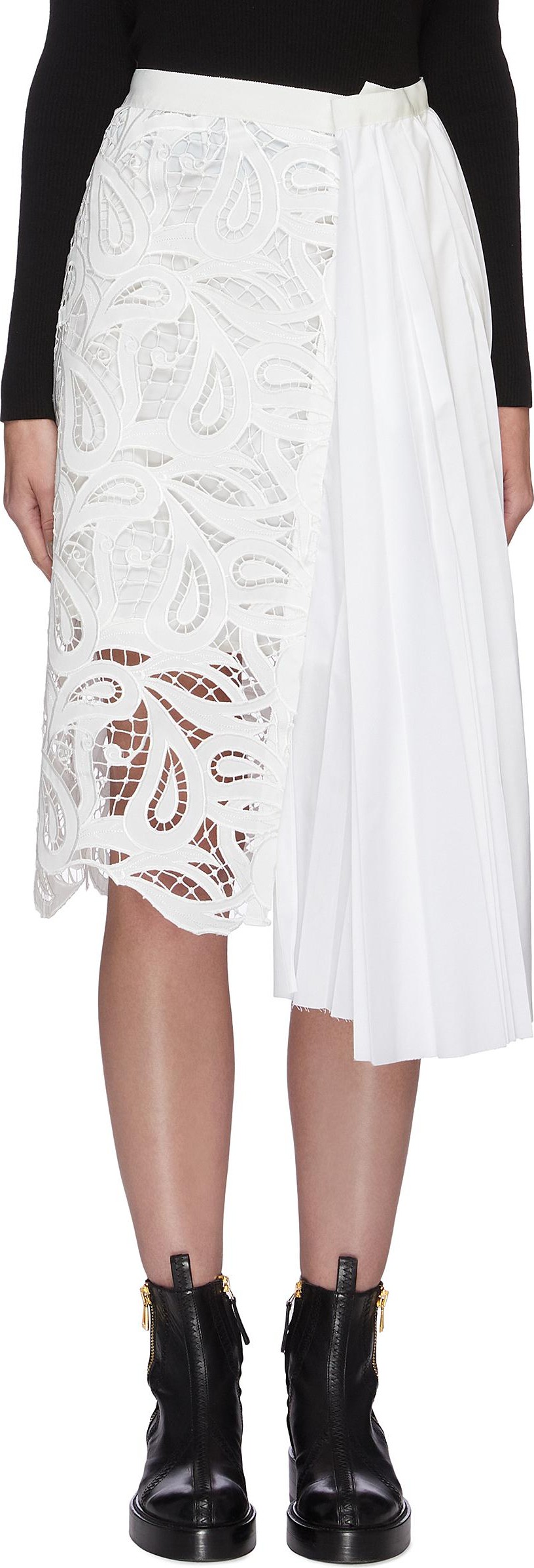 Sacai Paisley lace panel pleated midi skirt