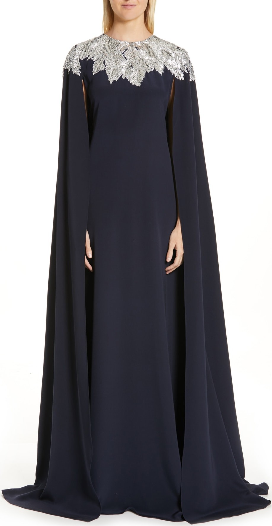 Oscar De La Renta Embellished Cape Silk Gown