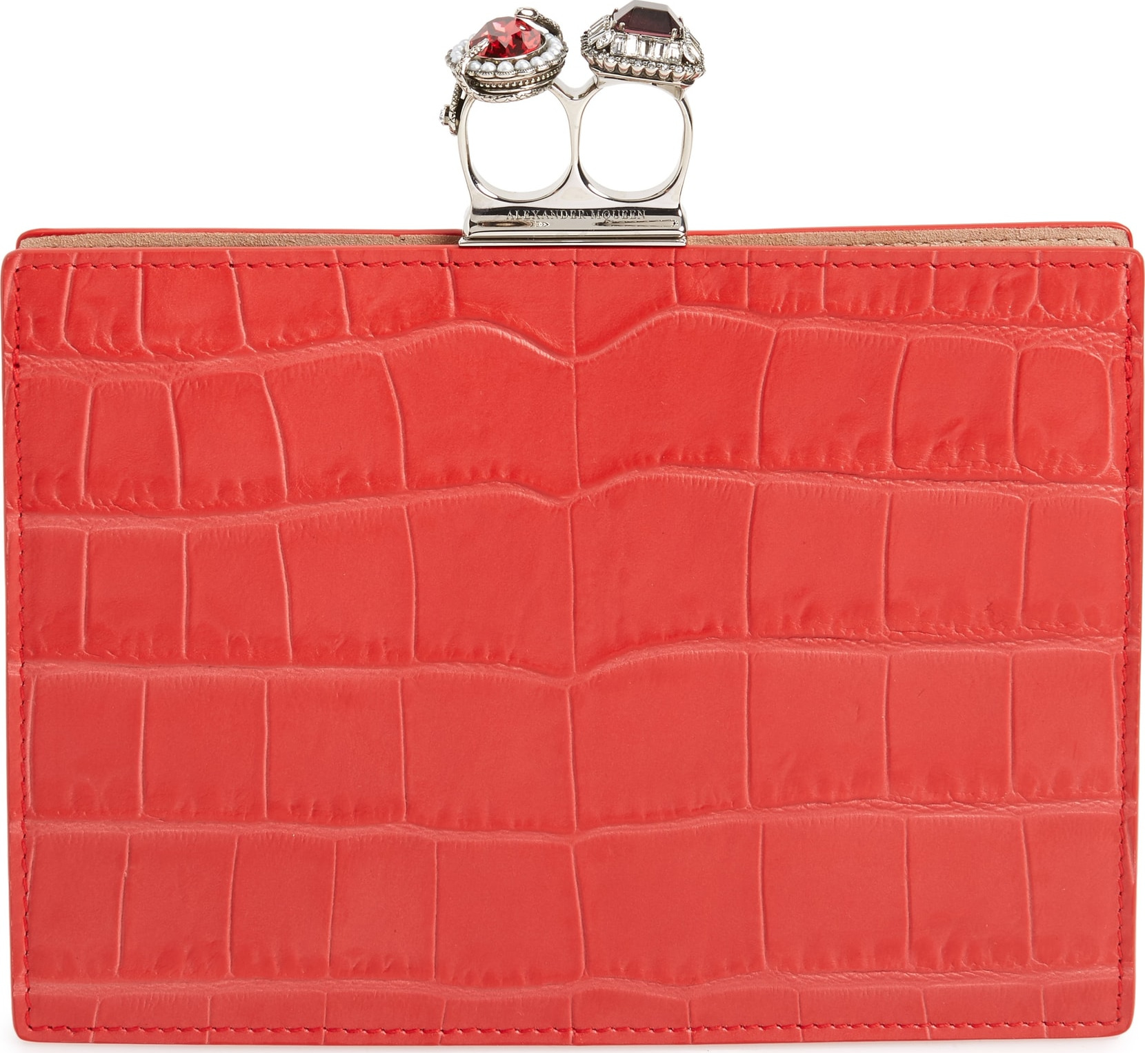 Alexander McQueen Croc Embossed Calfskin Leather Double Ring Clutch
