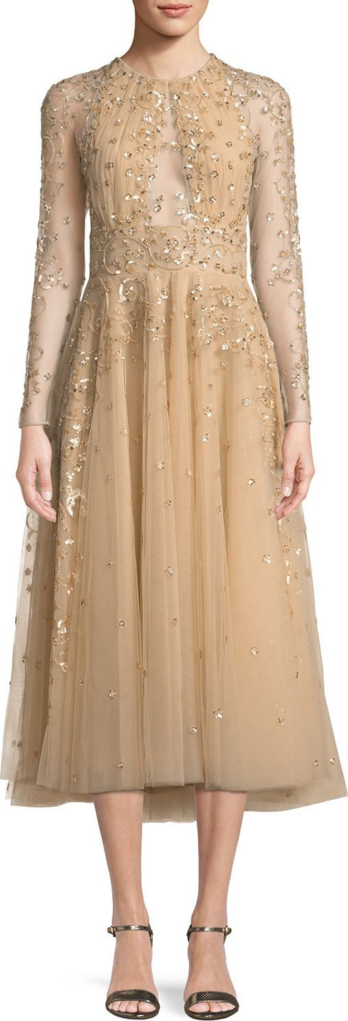 Zuhair Murad Ariana Long-Sleeve Embroidered Tea-Length Cocktail Dress