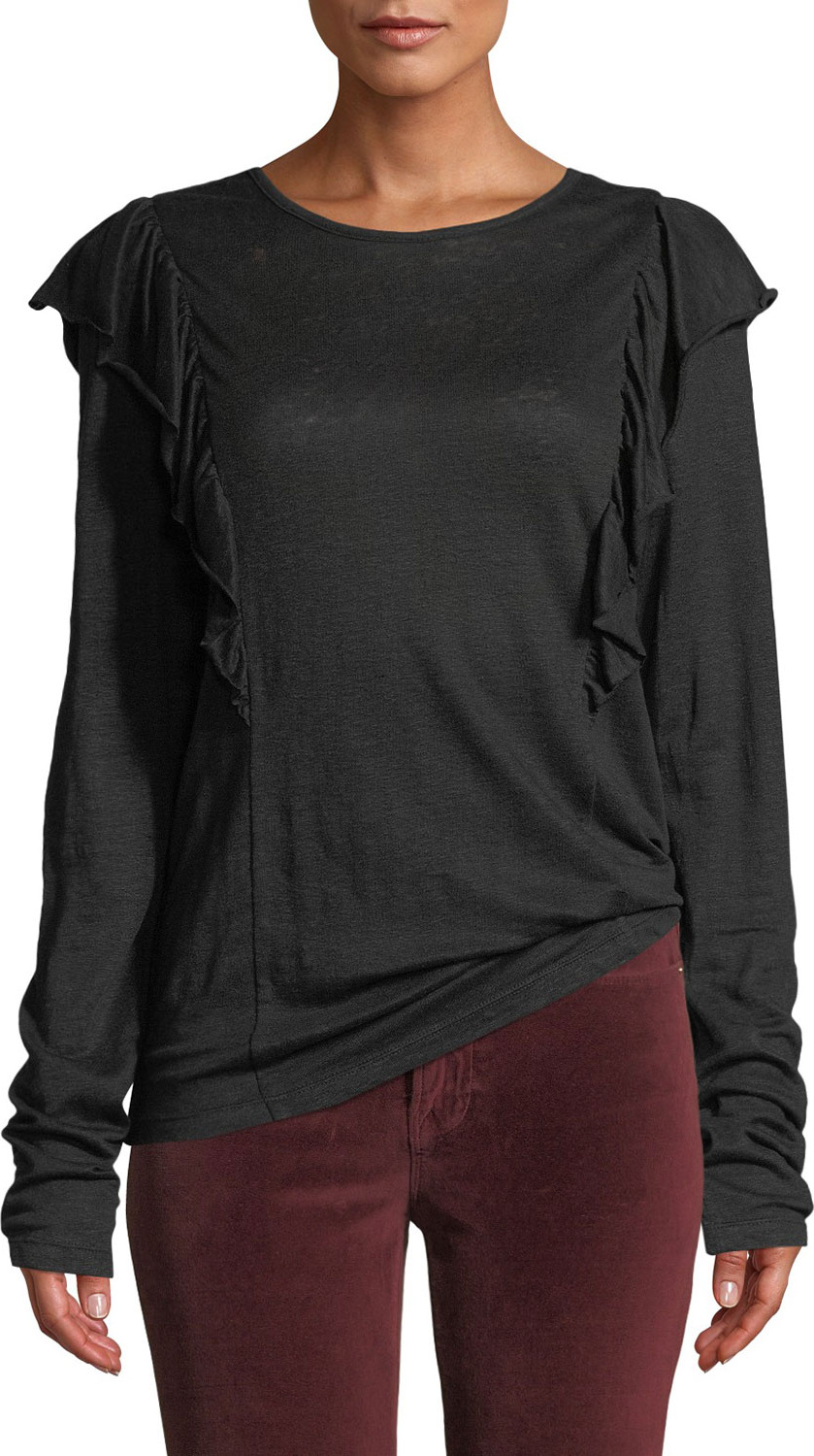 FRAME DENIM Linen Ruffle Long-Sleeve Crewneck Top