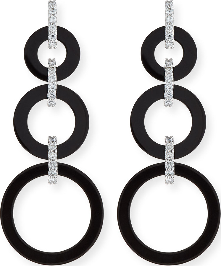 David C.A. Lin Graduated Black Jade Circle Drop Earrings with Diamond Links
