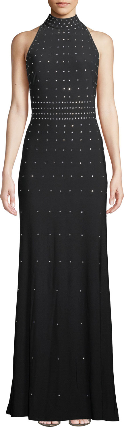 Tadashi Shoji High-Neck Studded Sleeveless Gown