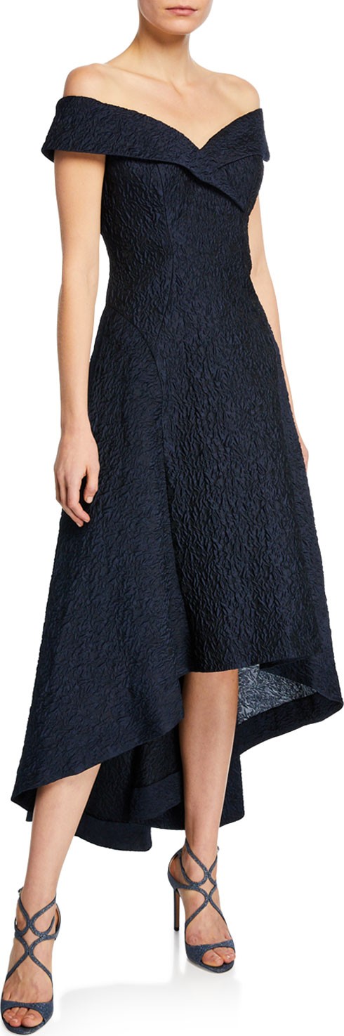 Rickie Freeman for Teri Jon Taffeta Off-the-Shoulder High-Low Cocktail Dress