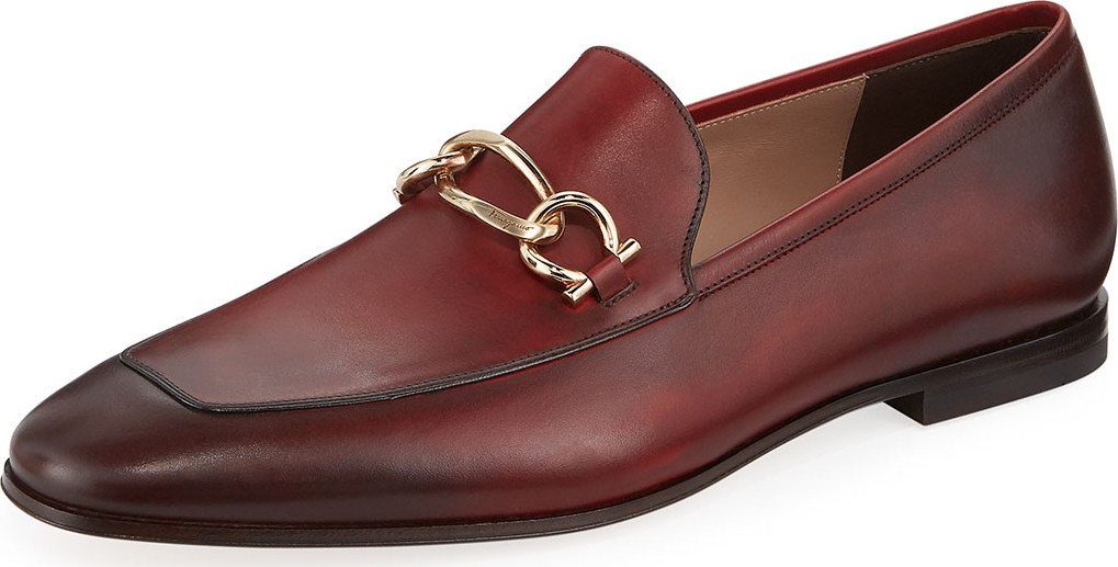 Salvatore Ferragamo Men's Burnished Leather Loafer with Chain Bit