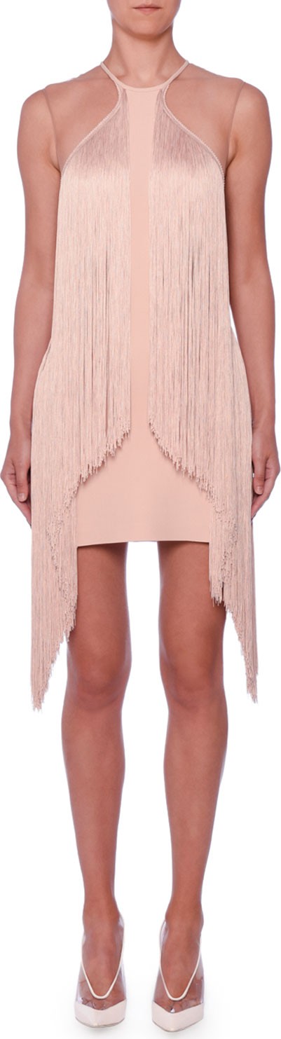 Stella McCartney Sleeveless Illusion Wing Fringe Stretch-Cady Mini Dress