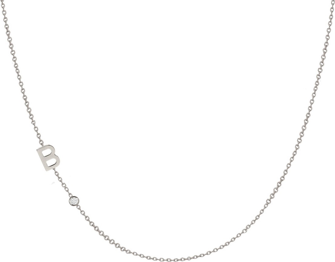 ZOE LEV Side Chic Personalized Asymmetric Initial & Diamond Bezel Necklace in 14K White Gold