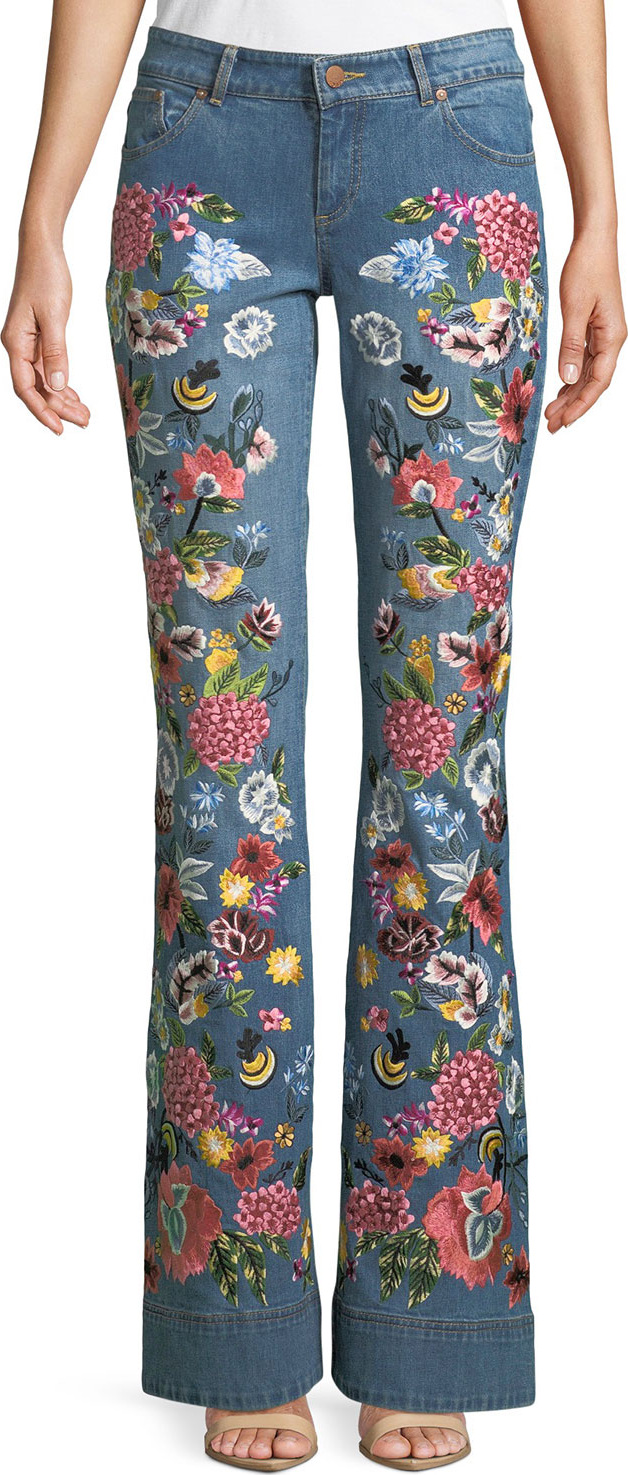 AO.LA Ryley Floral-Embroidered Low-Rise Bell Jeans