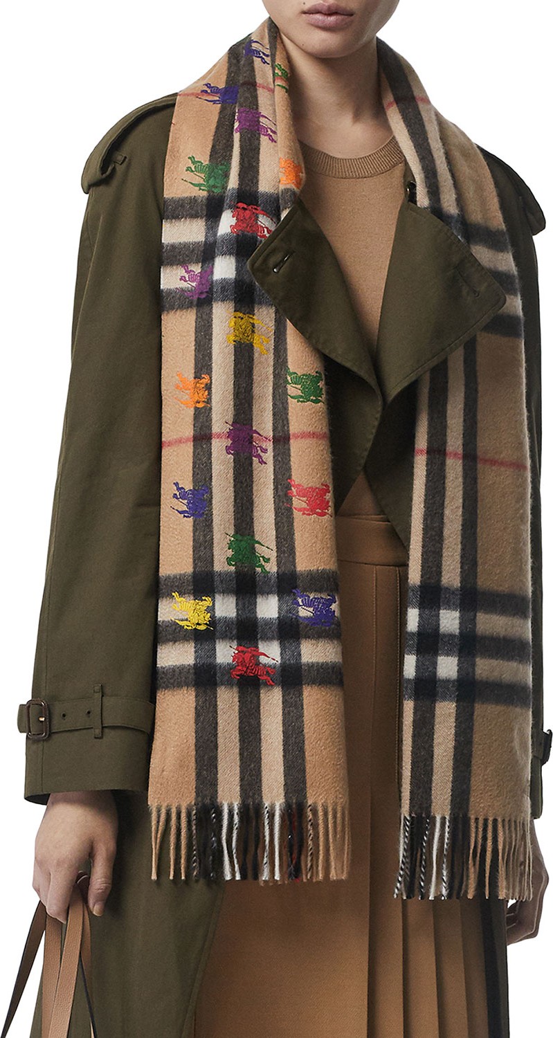 Burberry London England Giant Check Cashmere Scarf w/ Multicolored Knight Embroidery