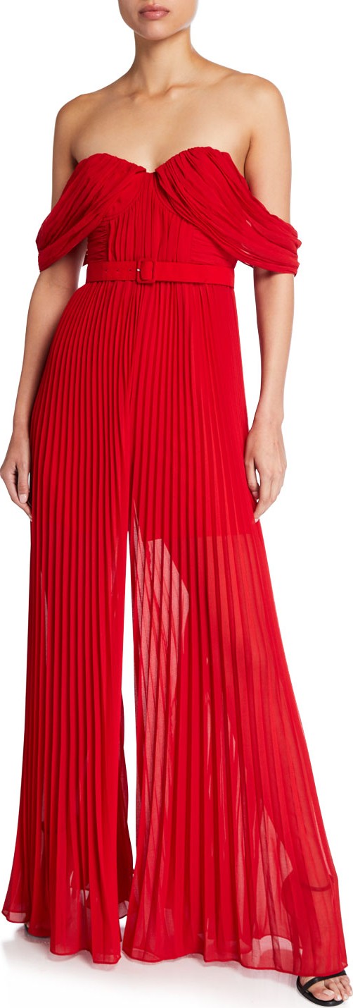 Self Portrait V-Neck Sleeveless Pleated Jumpsuit with Belt