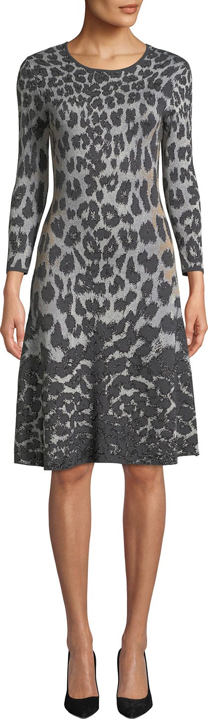 NK32 Naeem Khan Flare Scoop-Neck 3/4-Sleeve Knee-Length Animal-Printed Dress