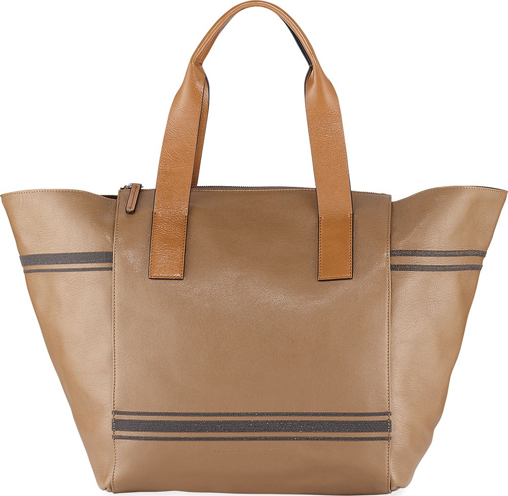 Brunello Cucinelli Monili-Stripe Leather Shoulder Tote Bag