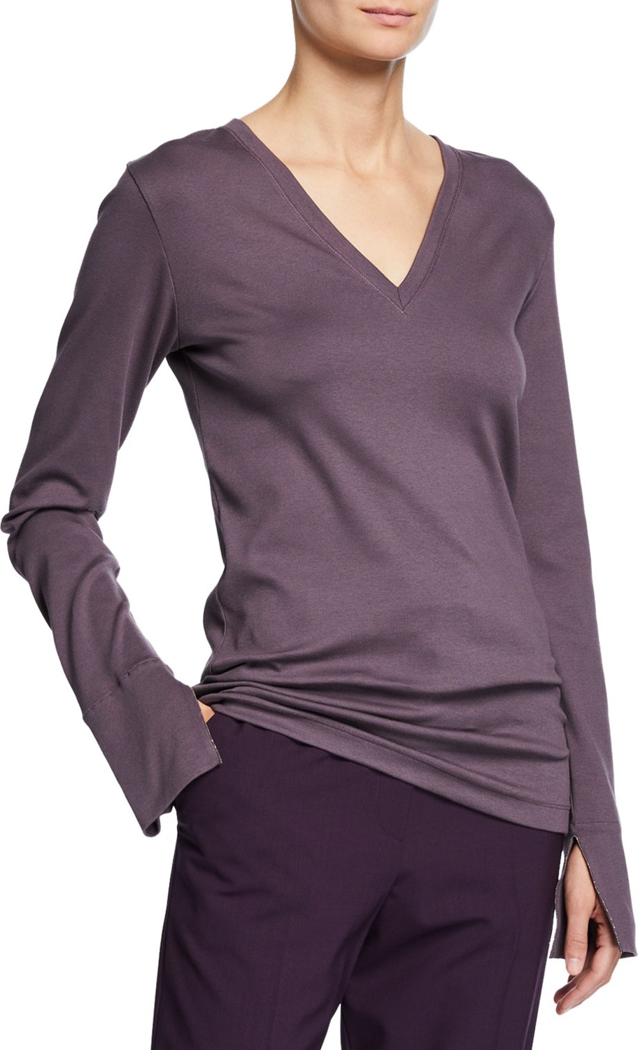 Brunello Cucinelli Split Monili-Cuff Ribbed Cotton T-Shirt