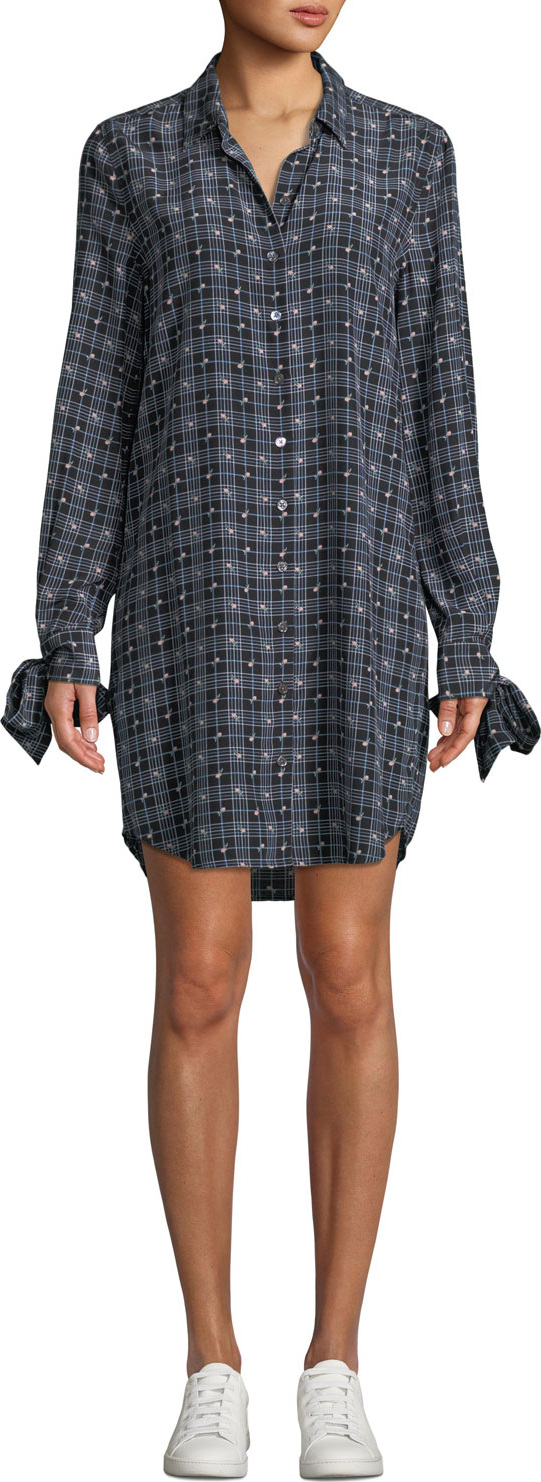 Equipment Manning Button-Front Long-Sleeve Floral-Print Plaid Shirtdress