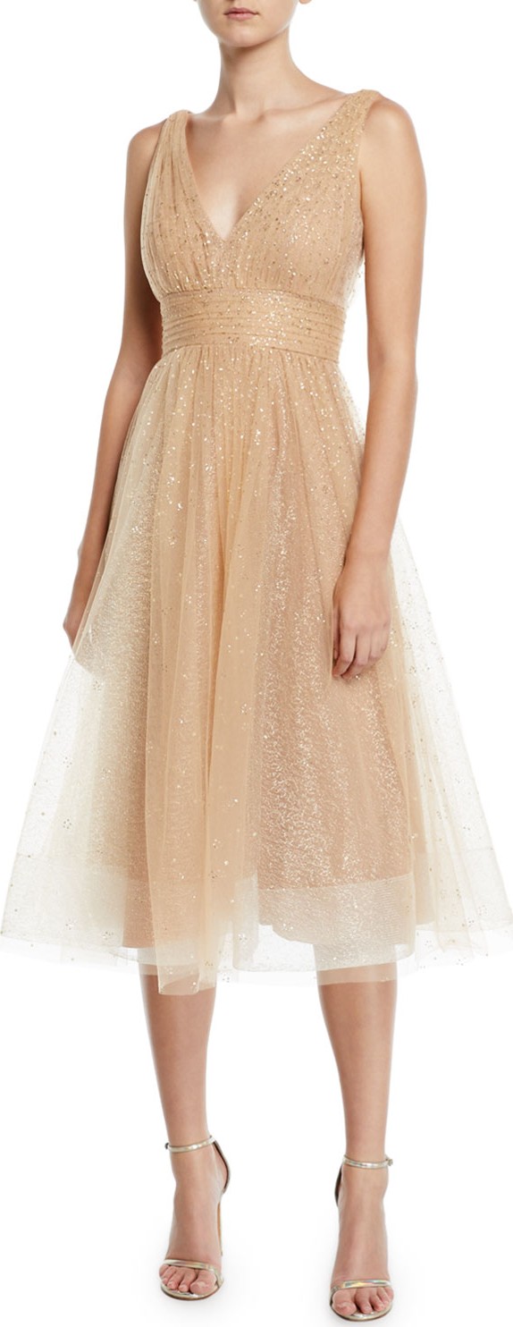 Marchesa Notte Glitter Tulle Fit-&-Flare Dress