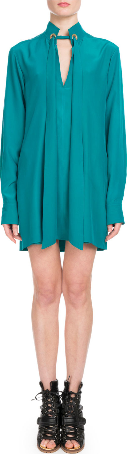 Chloe Long-Sleeve Open-Neck Silk Crepe de Chine Short Dress w/ Ring Scarf Detail