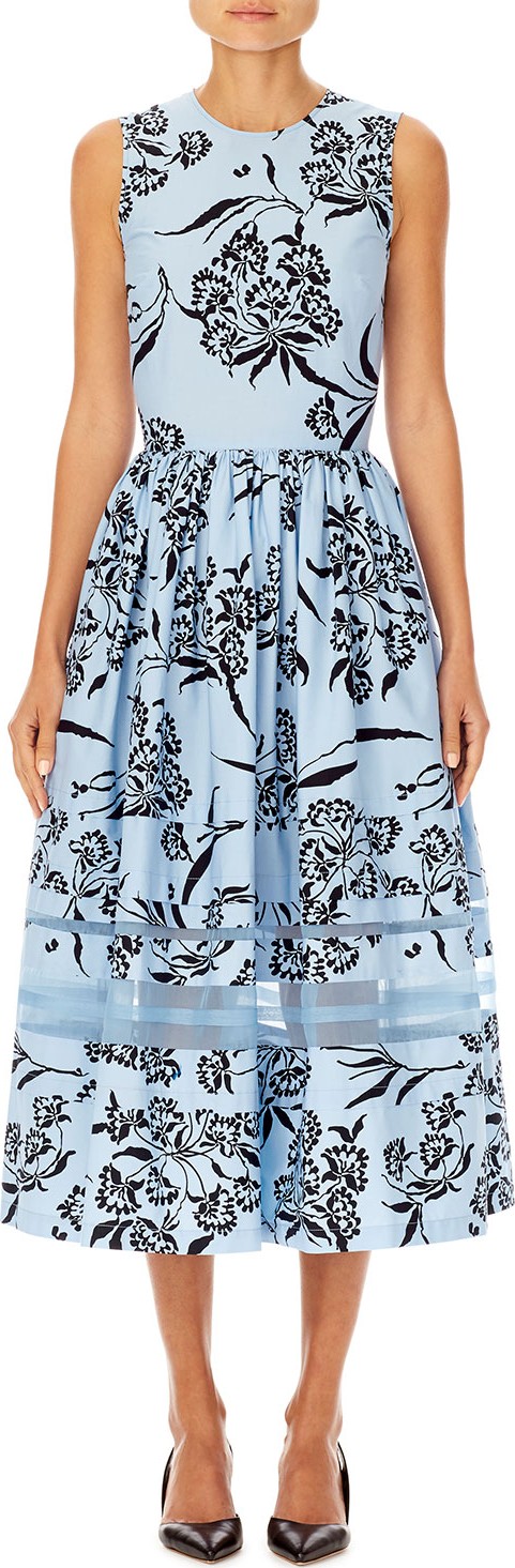 Carolina Herrera Sleeveless Floral-Print A-Line Tea-Length Dress w/ Stripe Detail