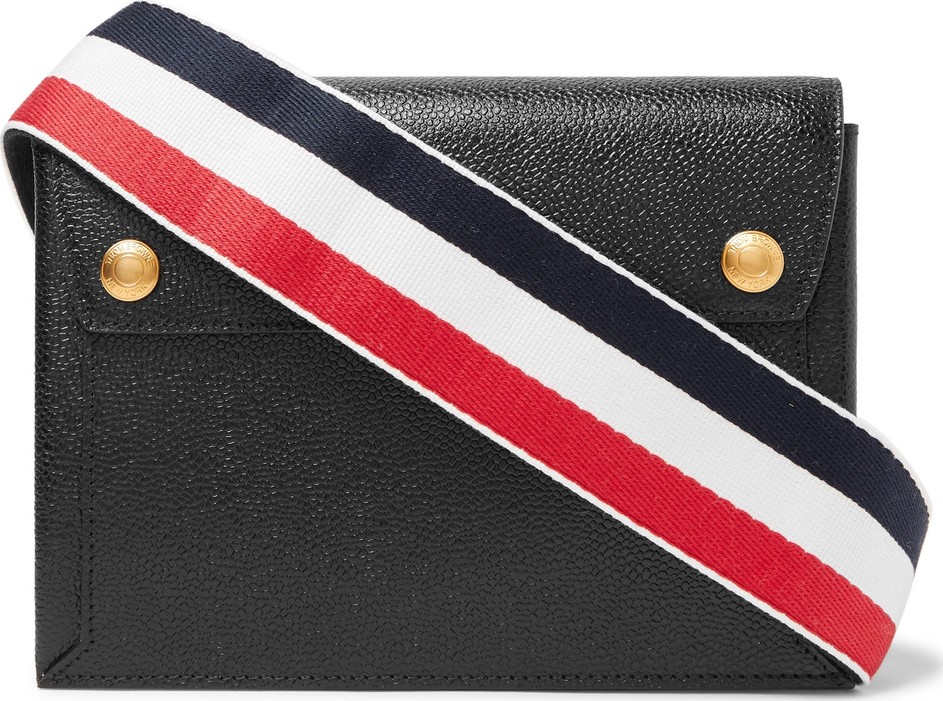 Thom Browne Striped Grosgrain-Trimmed Pebble-Grain Leather Messenger Bag