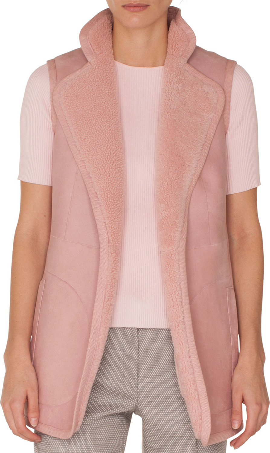 Akris Punto Stand-Collar No-Closure Reversible Suede Shearling Fur Vest