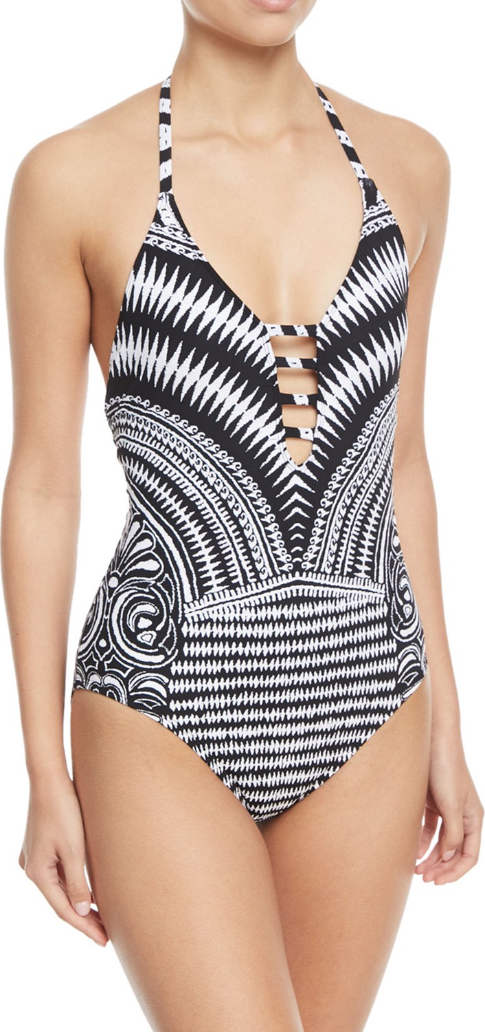 La Blanca Maori Plunging Monochrome Multi-Print One-Piece Swimsuit