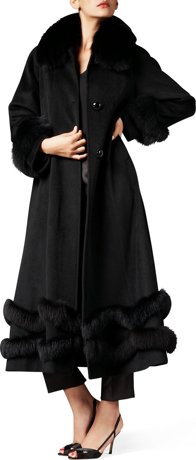 Belle Fare Fox Fur-Trim Ankle-Length Cashmere Coat, Black
