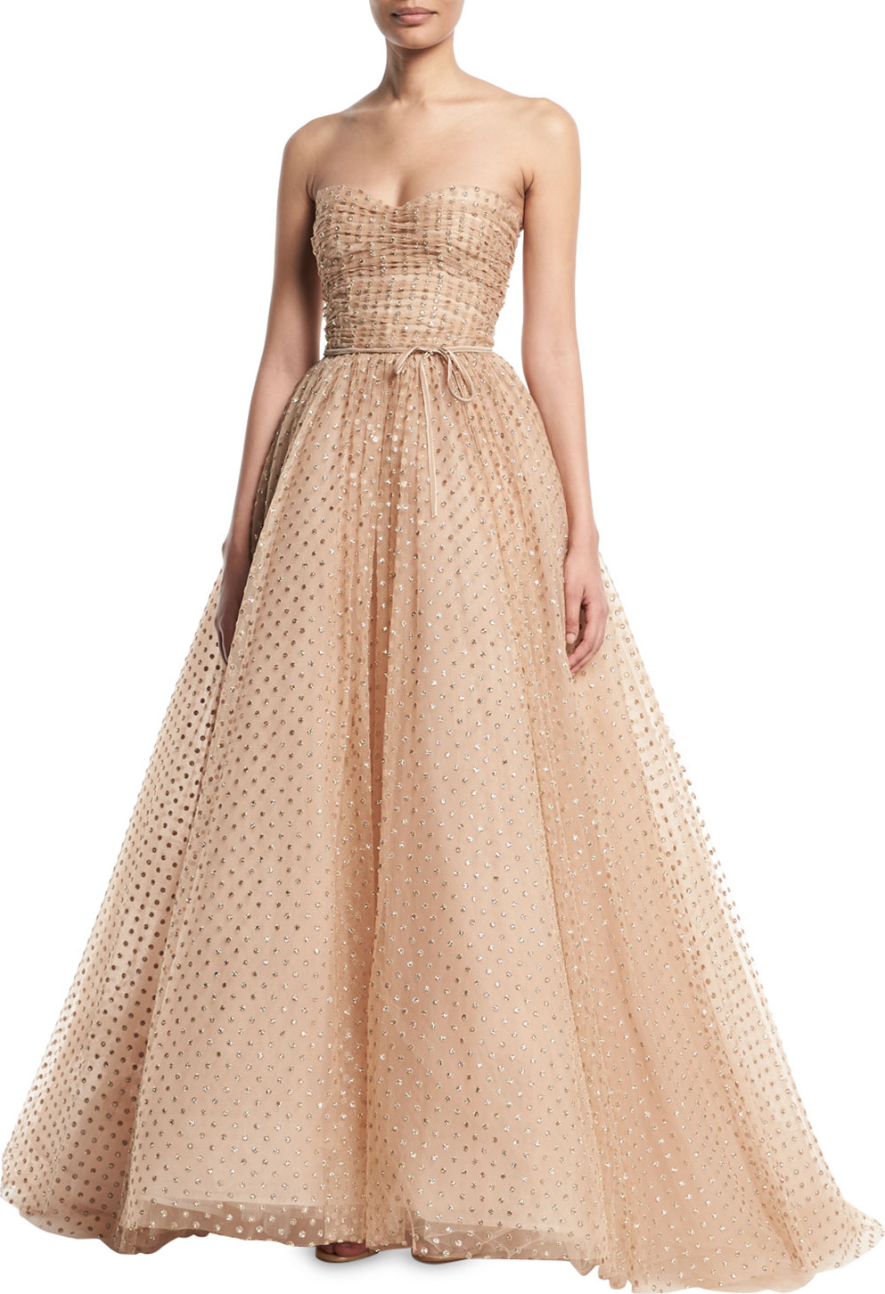 Monique Lhuillier Strapless Glittered-Dot Ruched-Bodice Tulle Ball Gown