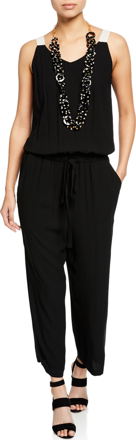 Eileen Fisher V-Neck Sleeveless Drawstring-Waist Silk Jumpsuit