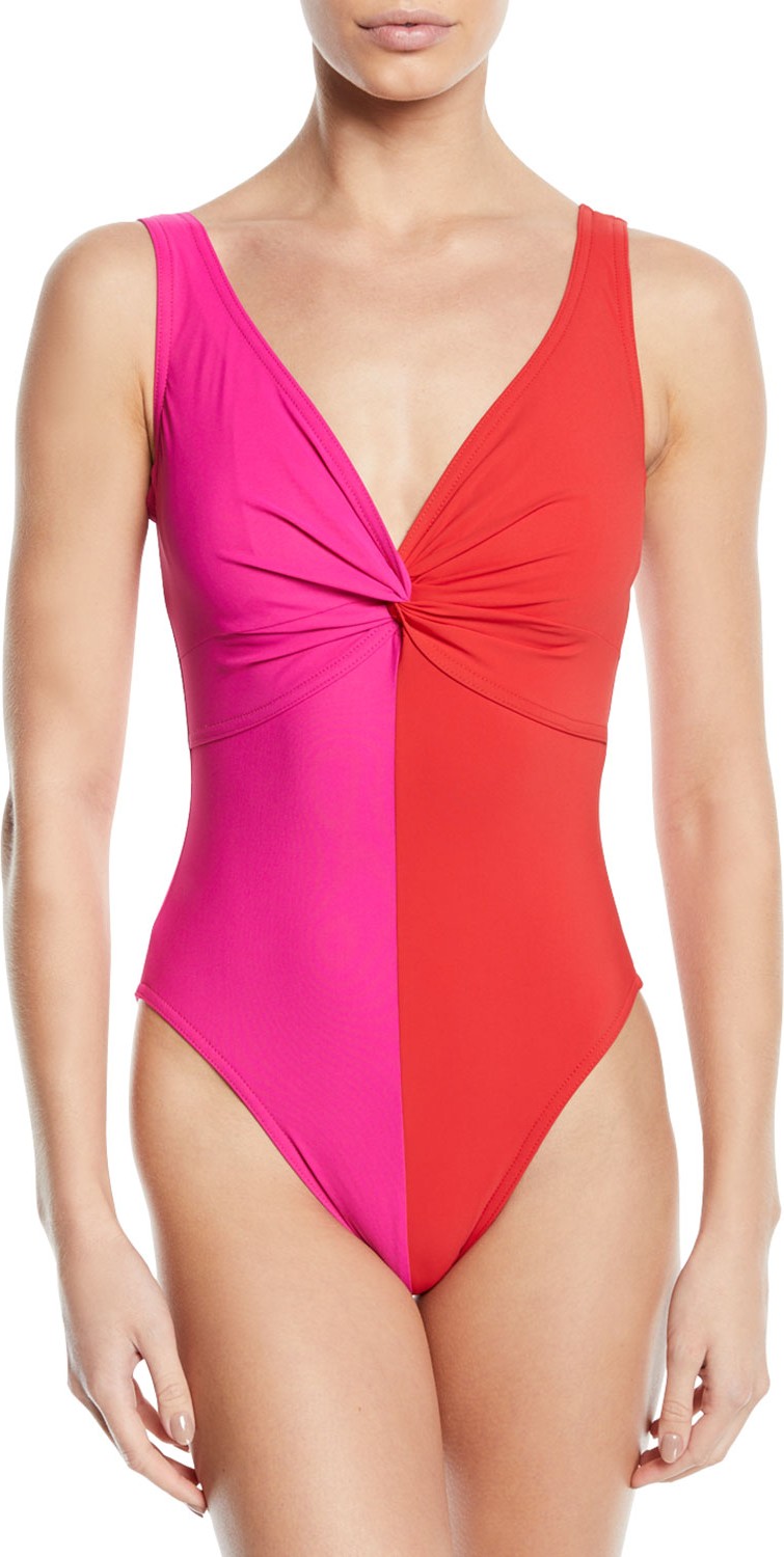Karla Colletto Sorella Colorblock V-Neck Underwire One-Piece Swimsuit