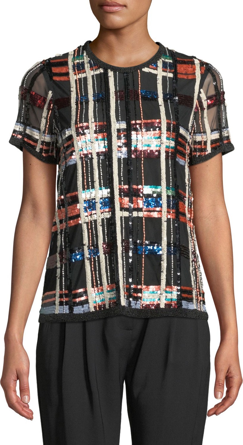 Parker Shelly Sequin Check Short-Sleeve Top