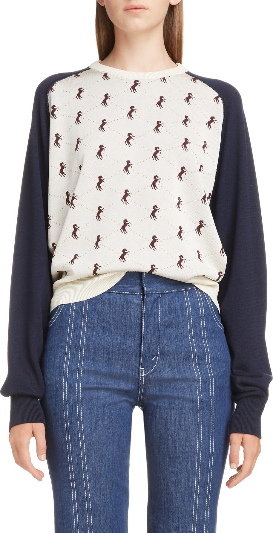 Chloe Studded Horse Contrast Sleeve Sweater