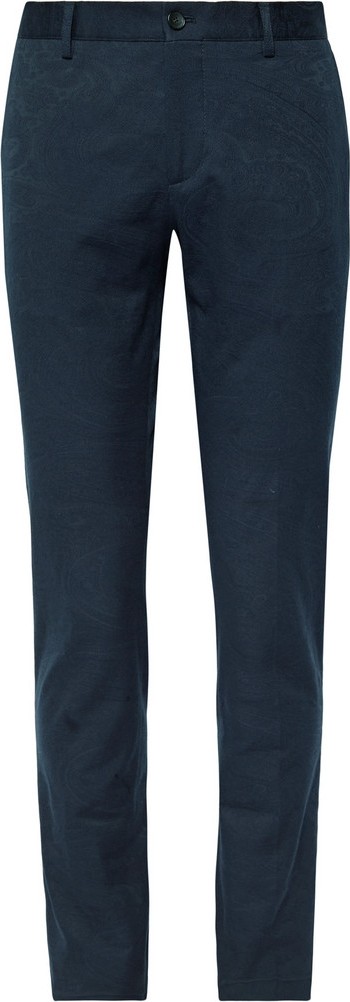 Etro Midnight-Blue Slim-Fit Paisley Stretch Cotton-Jacquard Trousers