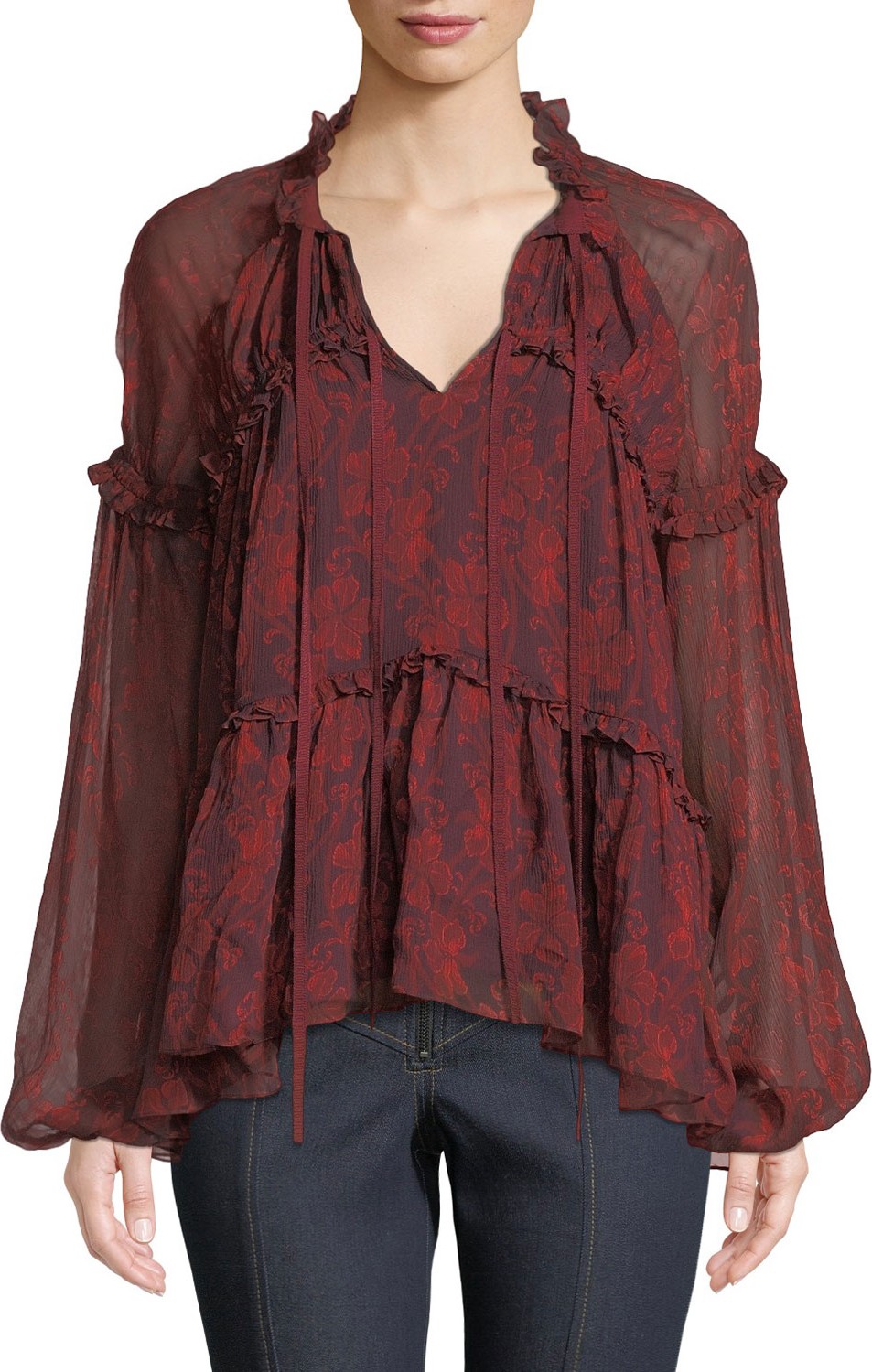 Cinq A Sept Gisele Floral Ruffle Blouson-Sleeve Top