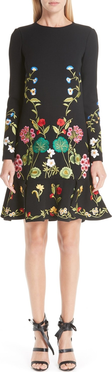 Oscar De La Renta Garden Embroidery Ruffle Hem Stretch Wool Dress Oscar De La Renta Garden Embroidery Ruffle Hem Stretch Wool Dress