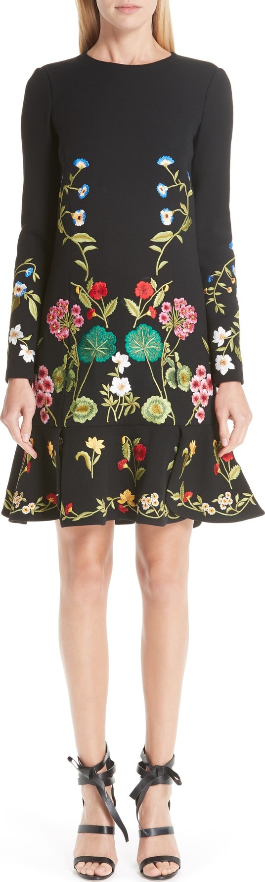 Oscar De La Renta Garden Embroidery Ruffle Hem Stretch Wool Dress