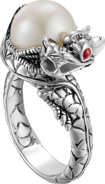 John Hardy Naga Silver Lava Small Dragon Ring with Freshwater Pearl