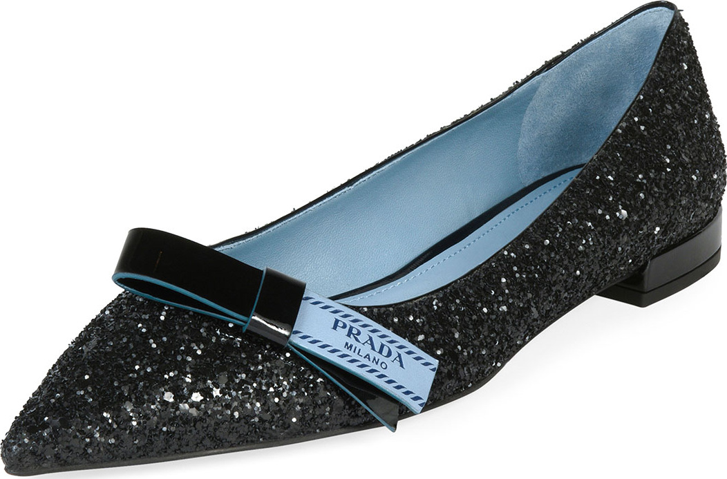 Prada Flat Glitter Logo Bow Skimmer