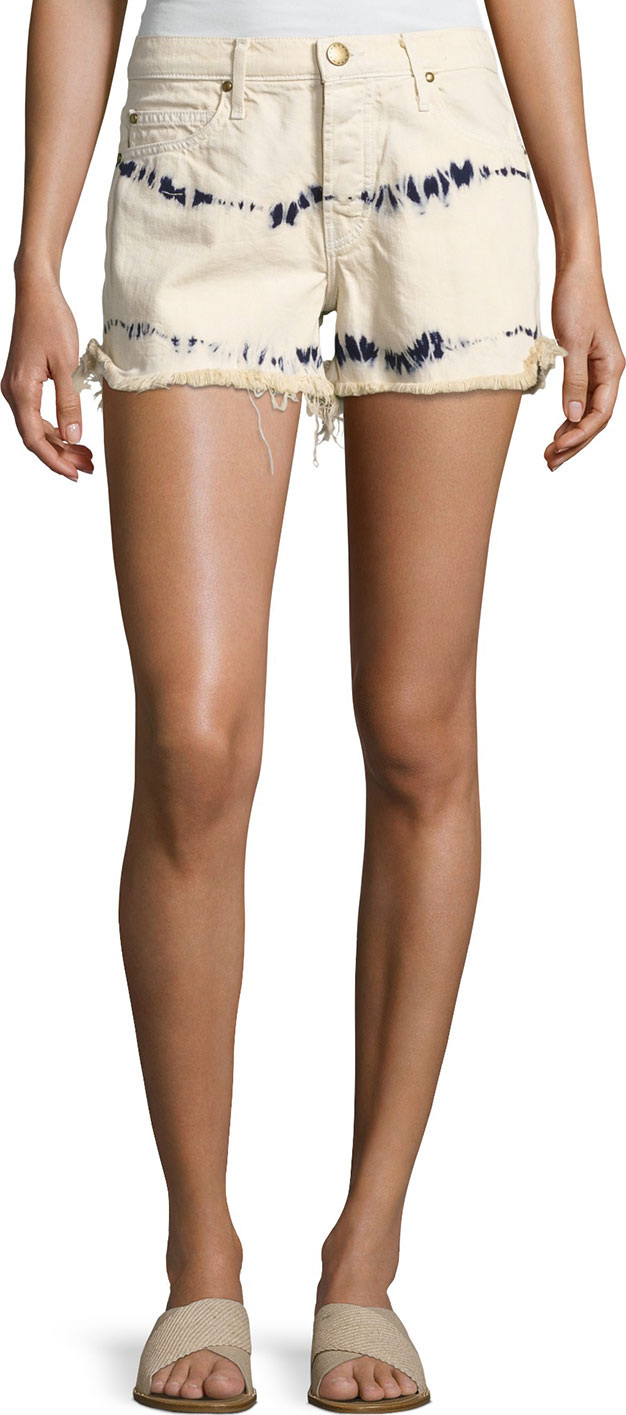 THE GREAT. The Cut Off Slouchy Tie-Dye Denim Shorts, White